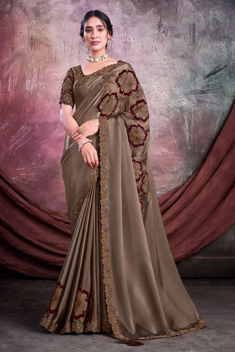 Crepe Silk Fabric Brown Color Riveting Party Style Saree