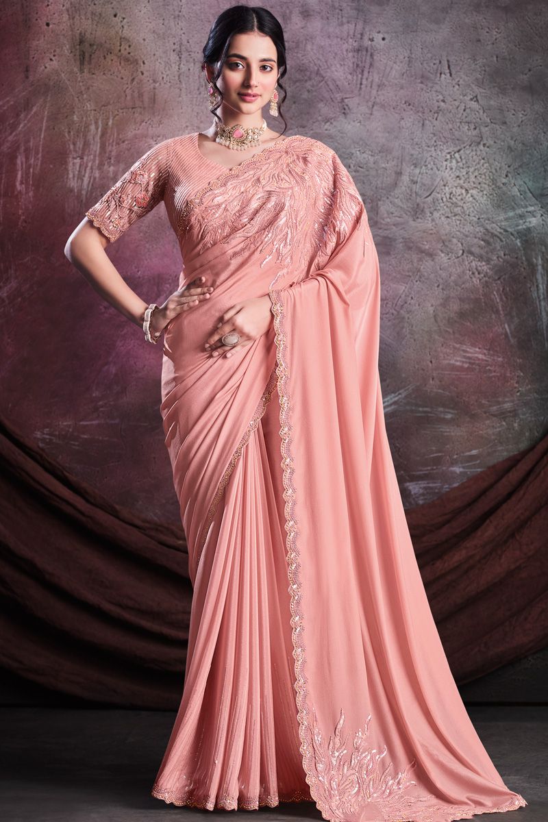 Crepe Silk Fabric Peach Color Excellent Party Style Saree