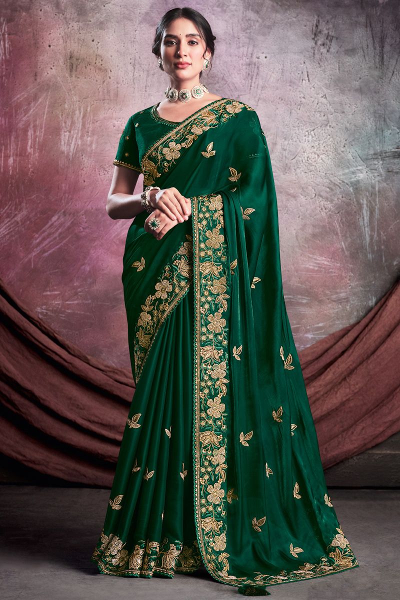 Dark Green Color Crepe Silk Fabric Princely Party Style Saree