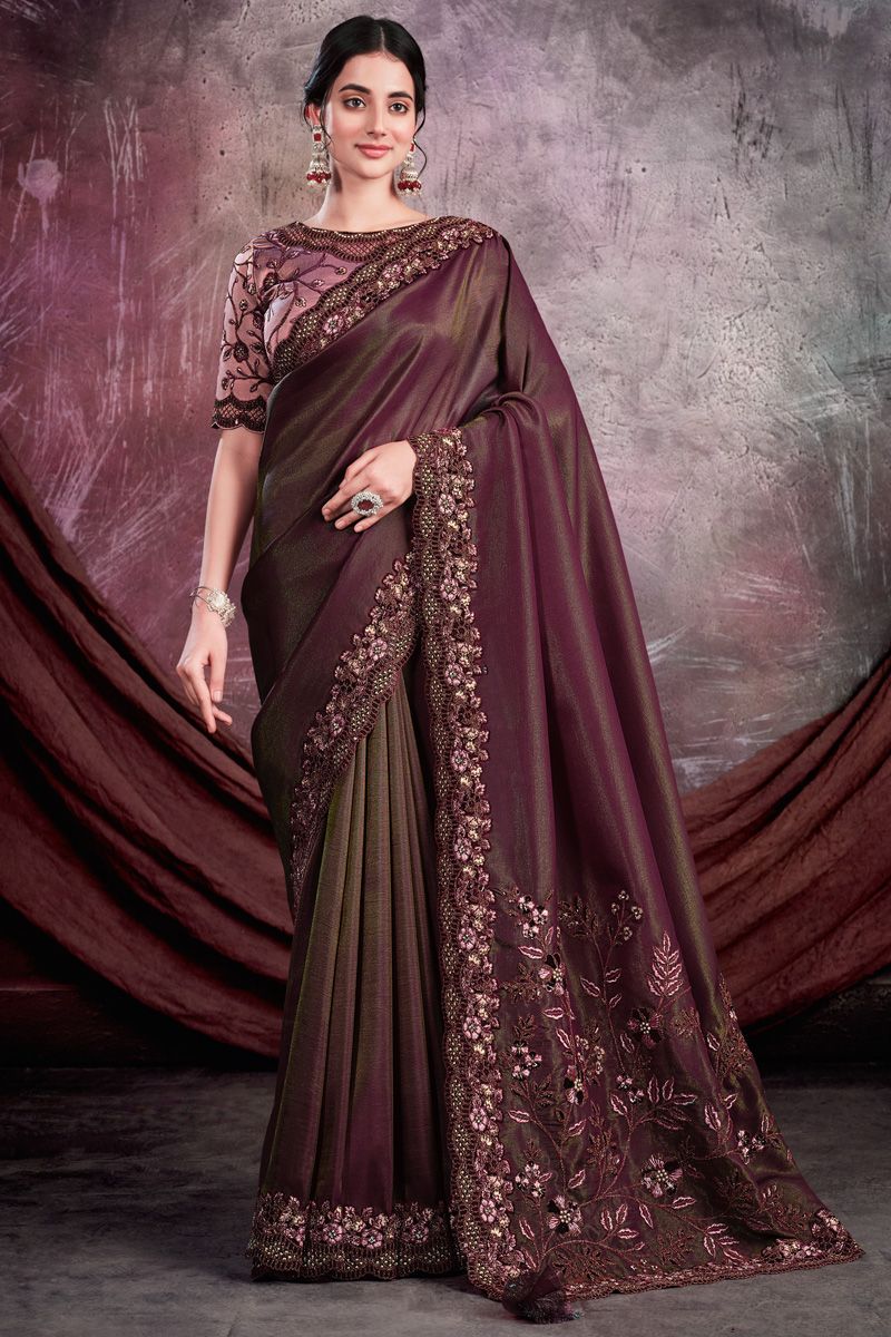 Georgette Fabric Wine Color Patterned Party Style Saree