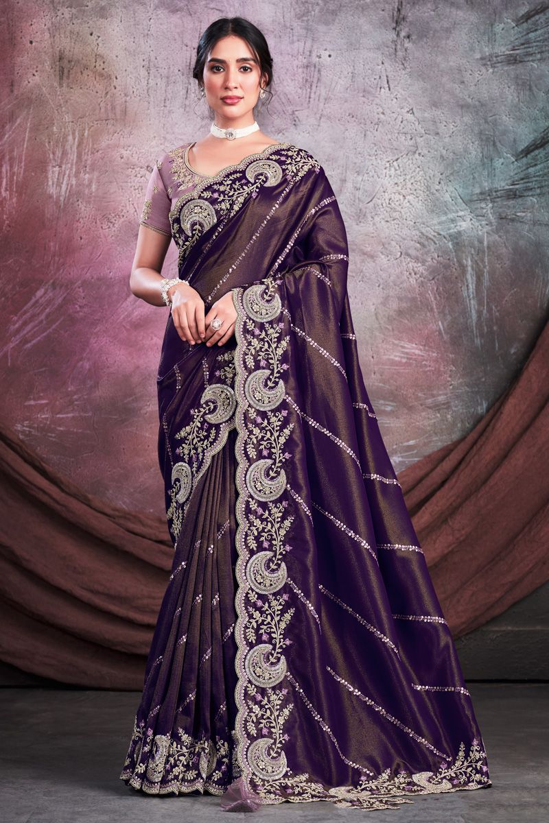 Purple Color Georgette Fabric Engaging Party Style Saree