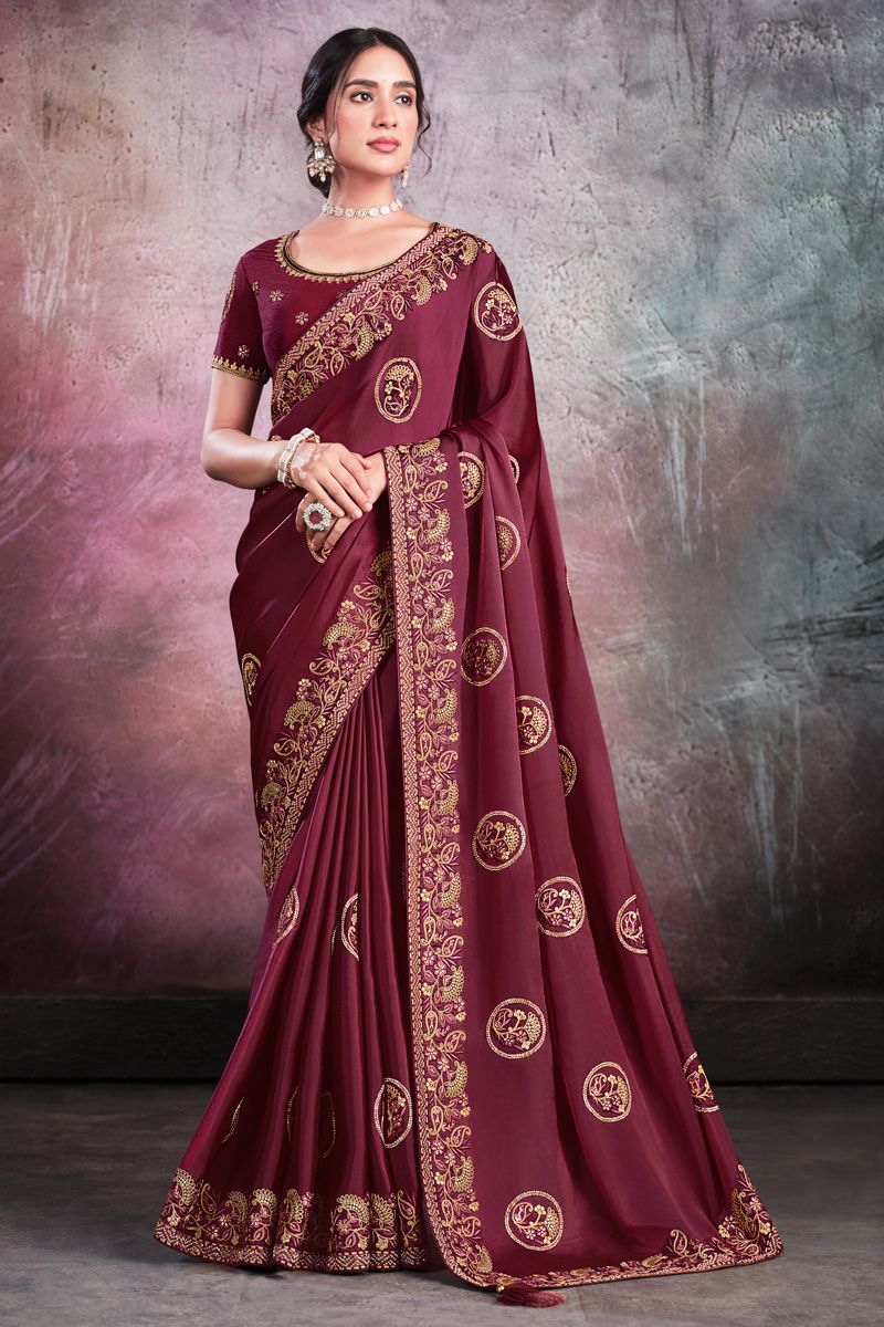 Maroon Color Sober Party Style Saree In Crepe Silk Fabric