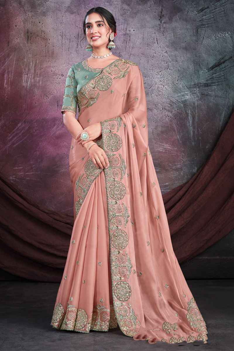 Excellent Organza Fabric Pink Color Party Style Saree