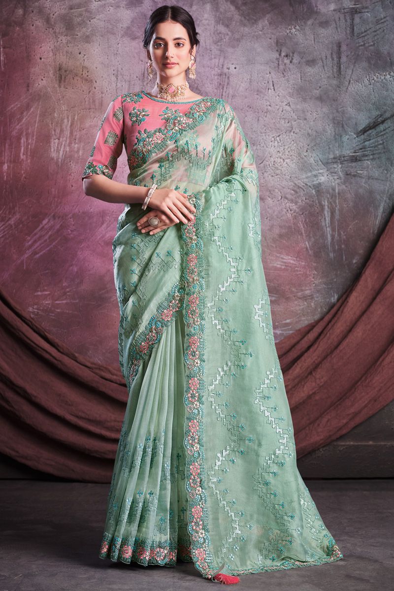 Sea Green Color Organza Fabric Stunning Party Style Saree