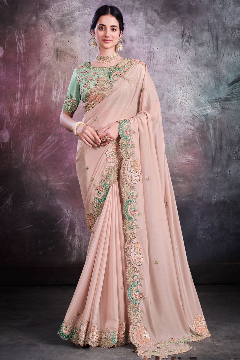 Beguiling Pink Color Crepe Silk Fabric Party Style Saree