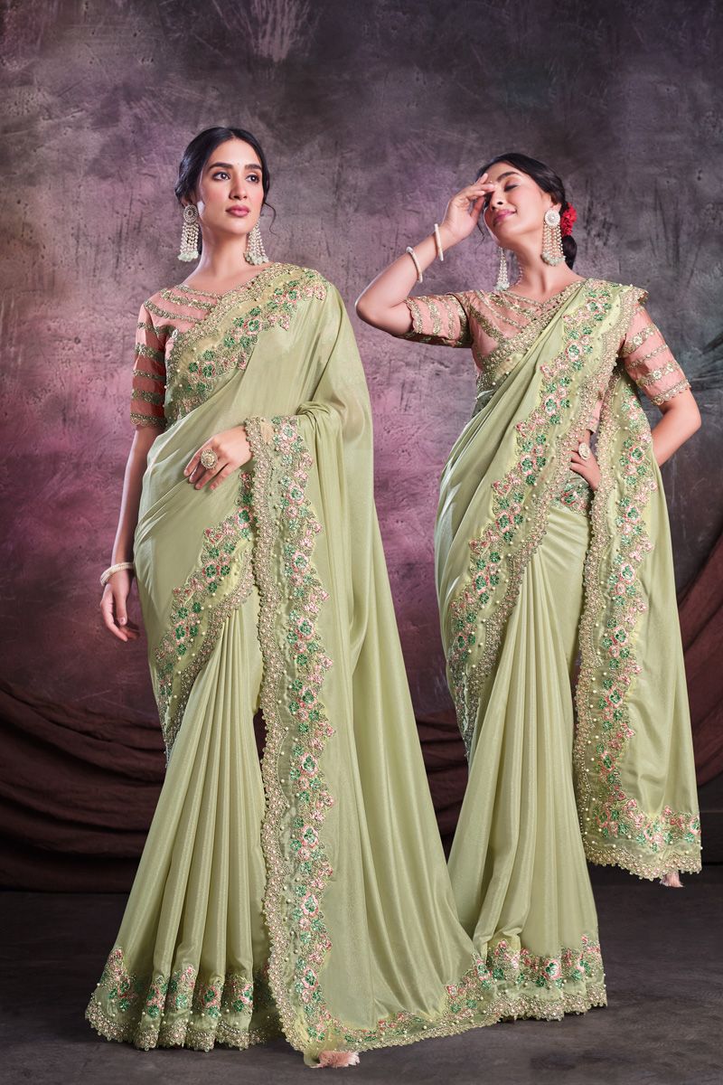 Tempting Georgette Fabric Green Color Party Style Saree