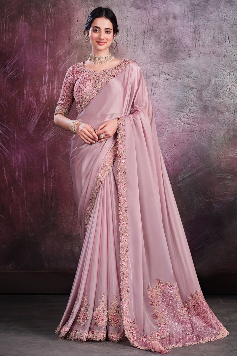 Crepe Silk Fabric Pink Color Delicate Party Style Saree