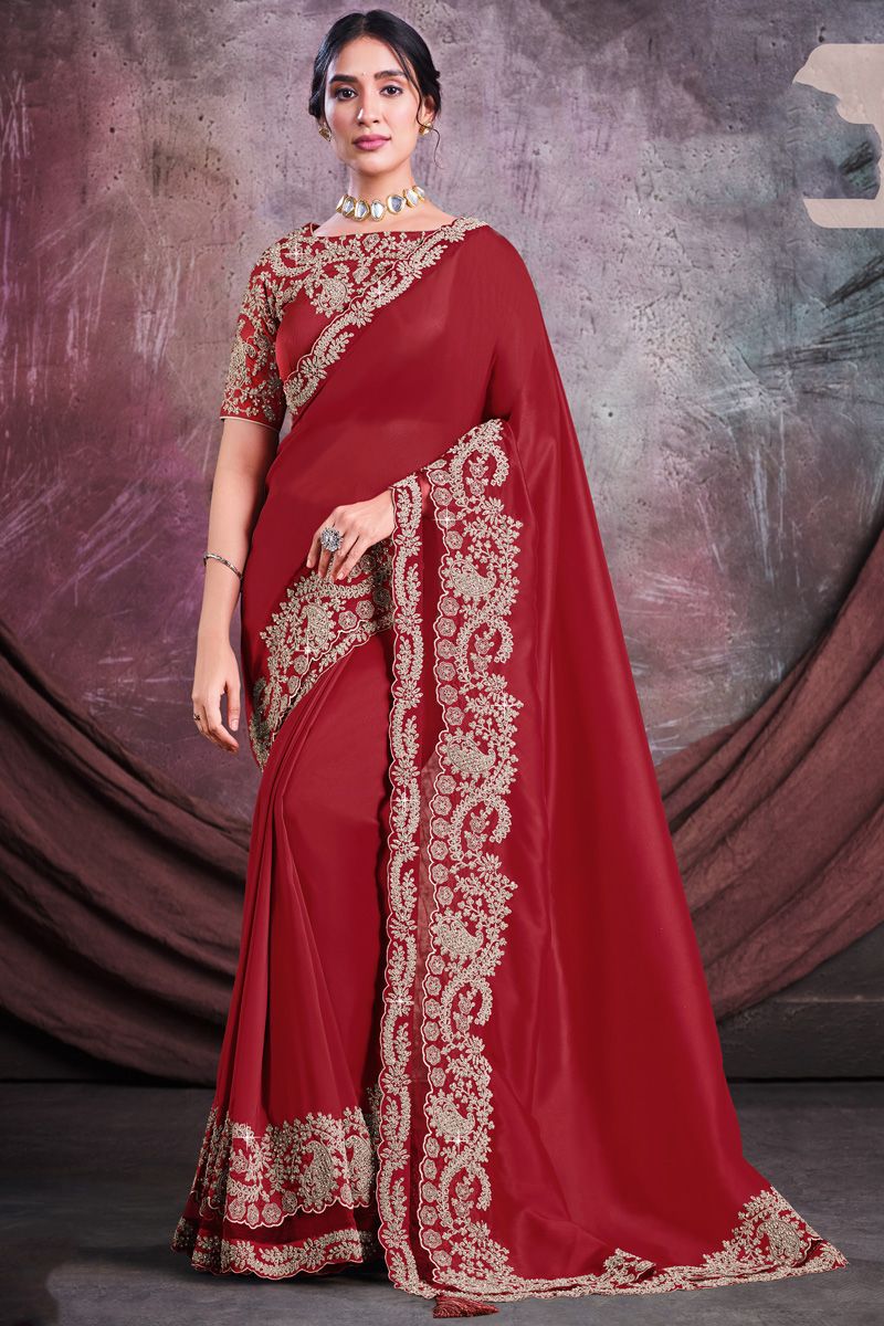 Amazing Red Color Satin Silk Fabric Party Style Saree