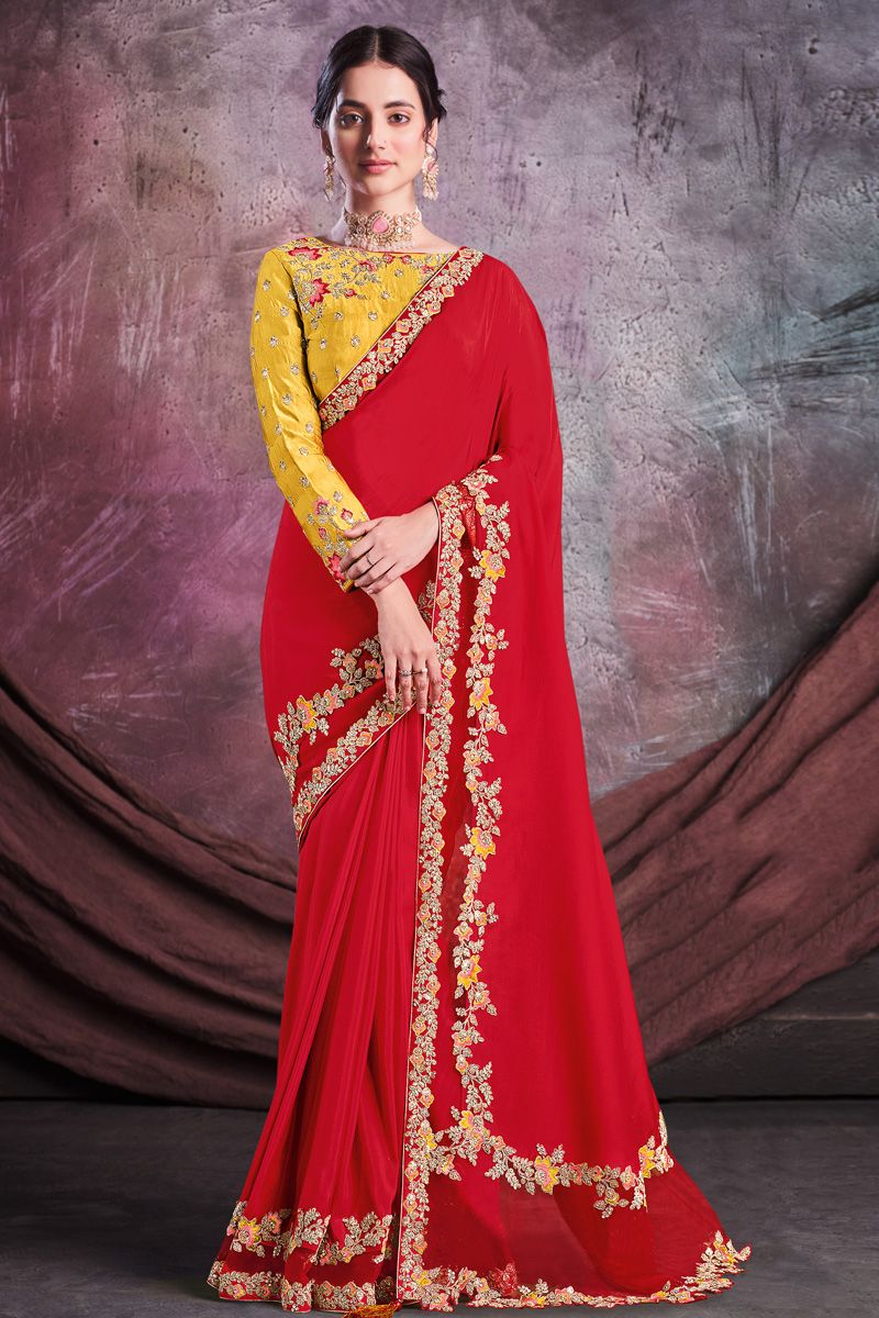 Satin Silk Fabric Red Color Pleasance Party Style Saree