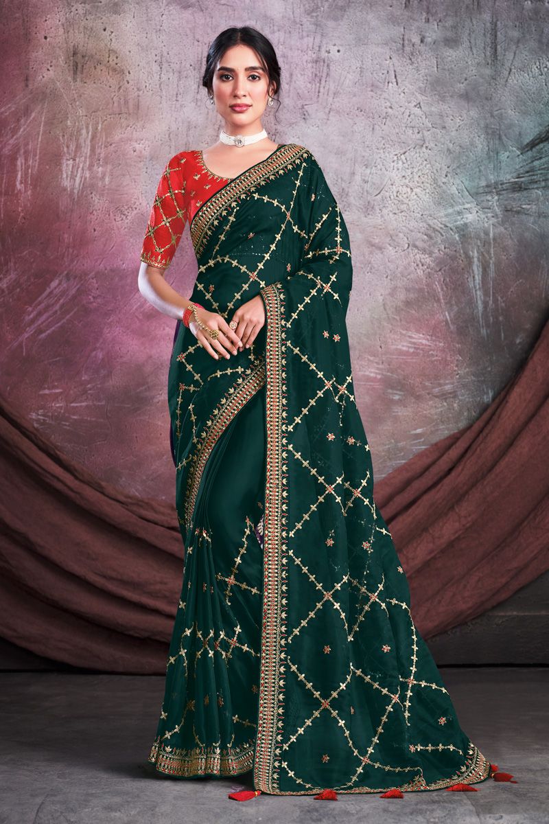 Organza Fabric Bewitching Party Style Saree In Dark Green Color