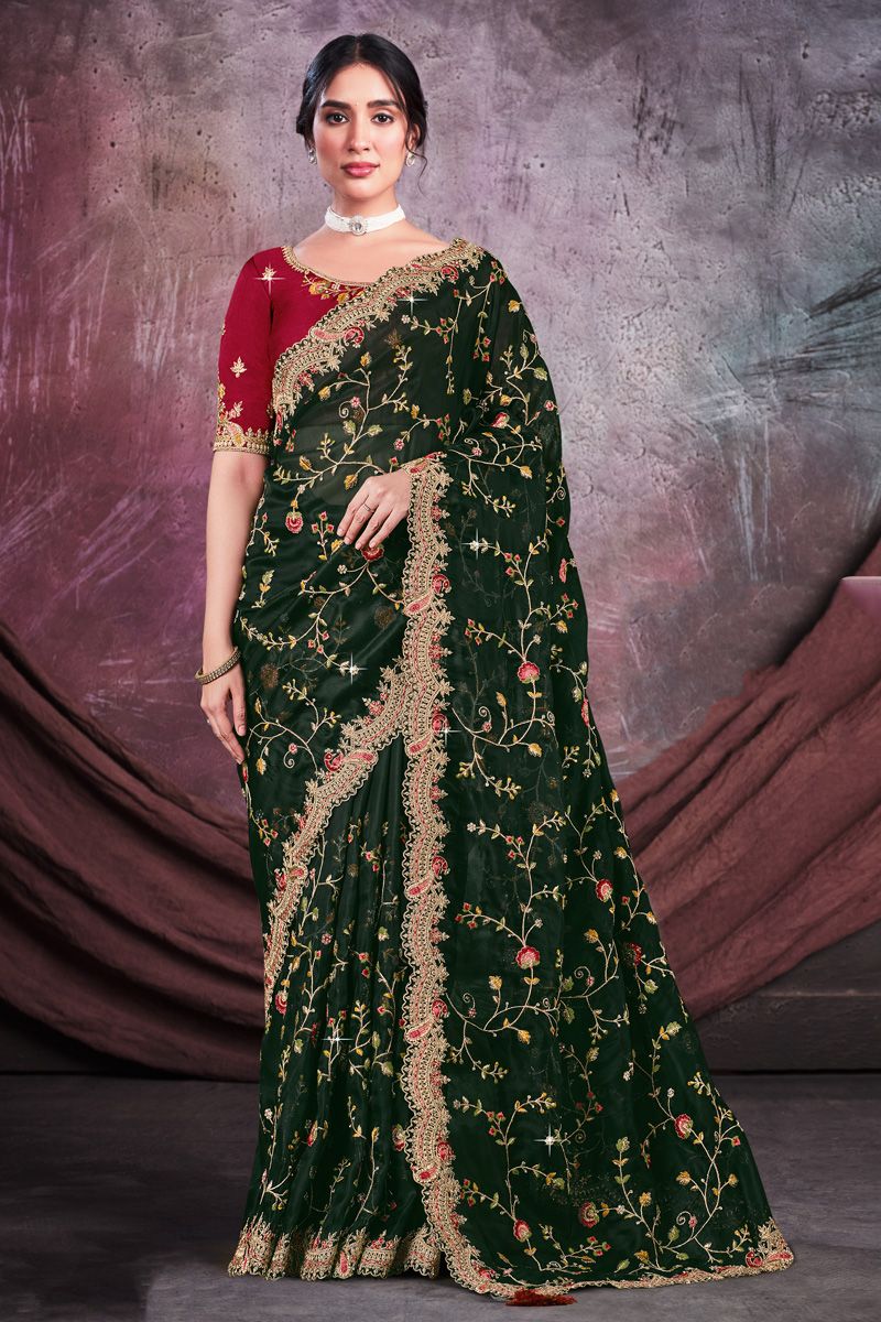 Green Color Organza Fabric Coveted Party Style Saree