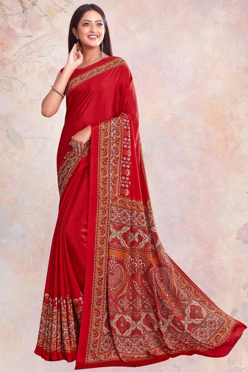 Red Color Beguiling Printed Crepe Fabric Saree