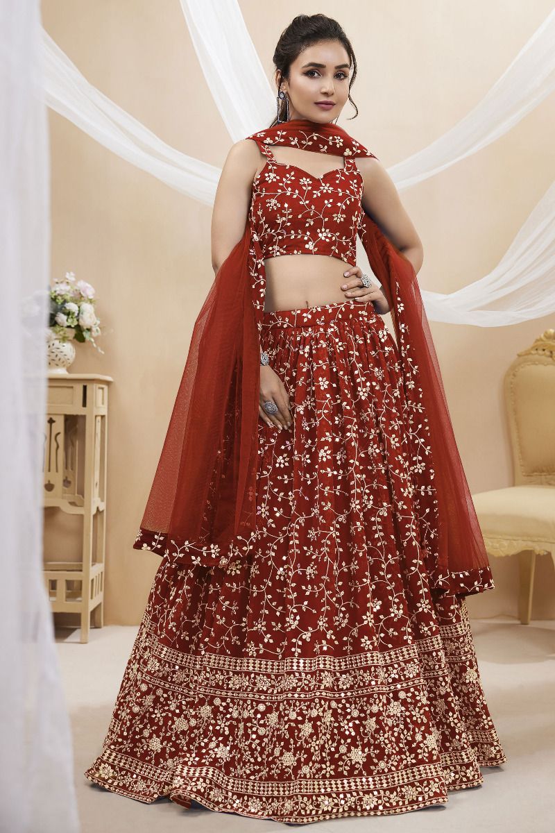 Red Color Embroidered Sangeet Wear Lehenga Choli In Georgette Fabric