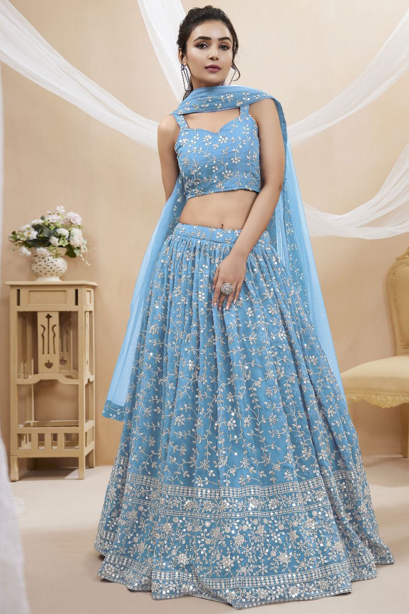 Georgette Fabric Embroidered Lehenga Choli In Sky Blue Color