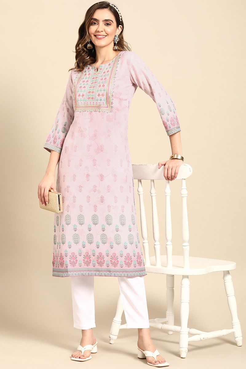 Embellished Floral Printed Pink Color Rayon Fabric Kurti