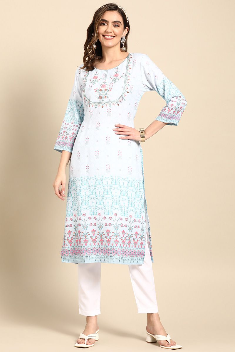 Awesome Floral Printed Rayon Fabric Light Cyan Color Kurti