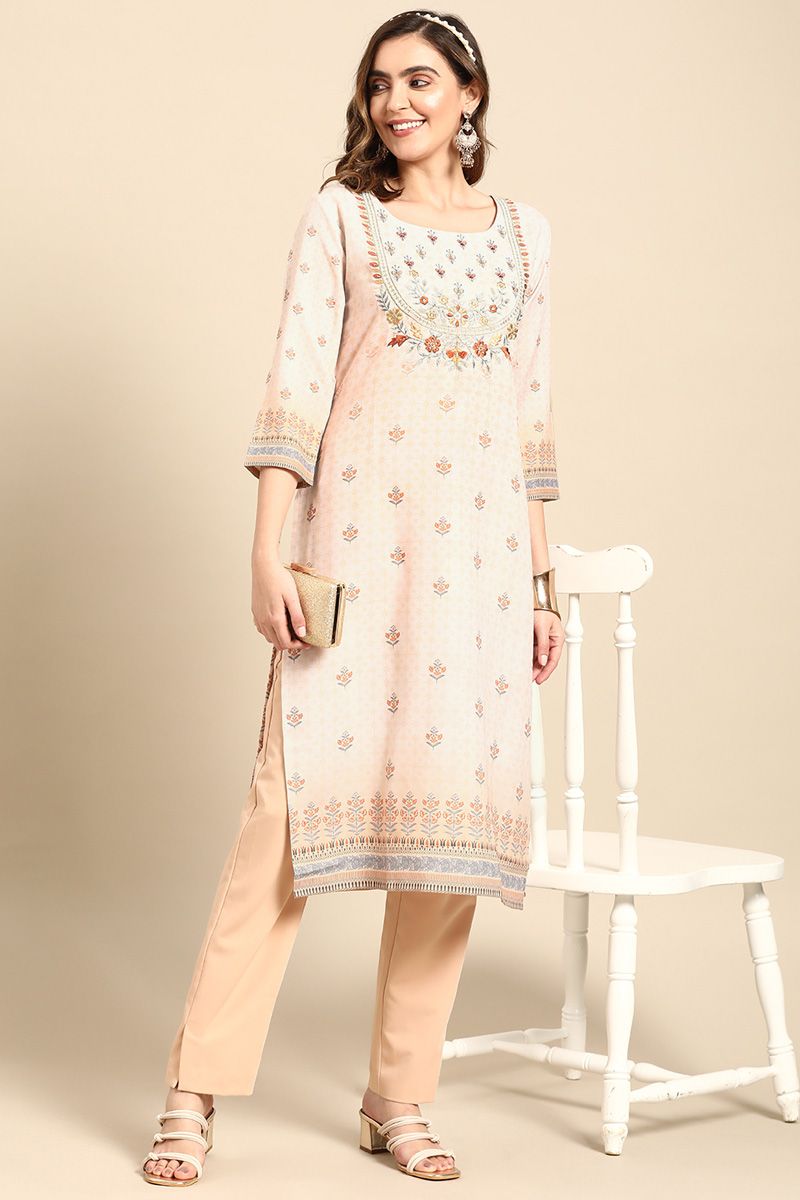 Tempting Rayon Fabric Beige Color Floral Printed Kurti