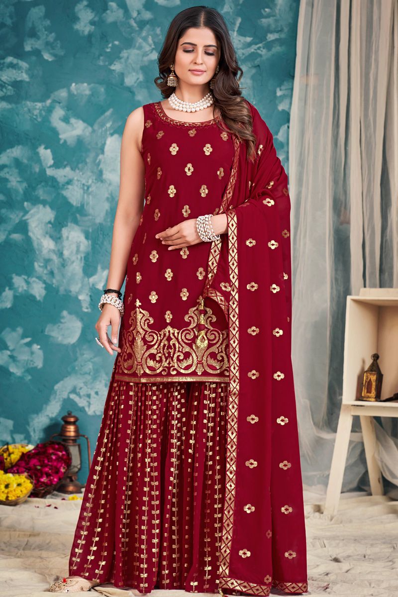 Classic Georgette Red Color Sharara Suit