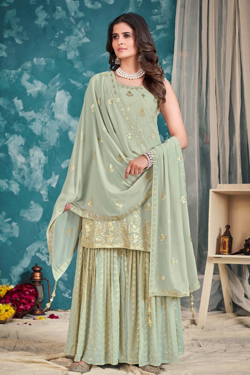 Beguiling Sea Green Color Georgette Sharara Suit