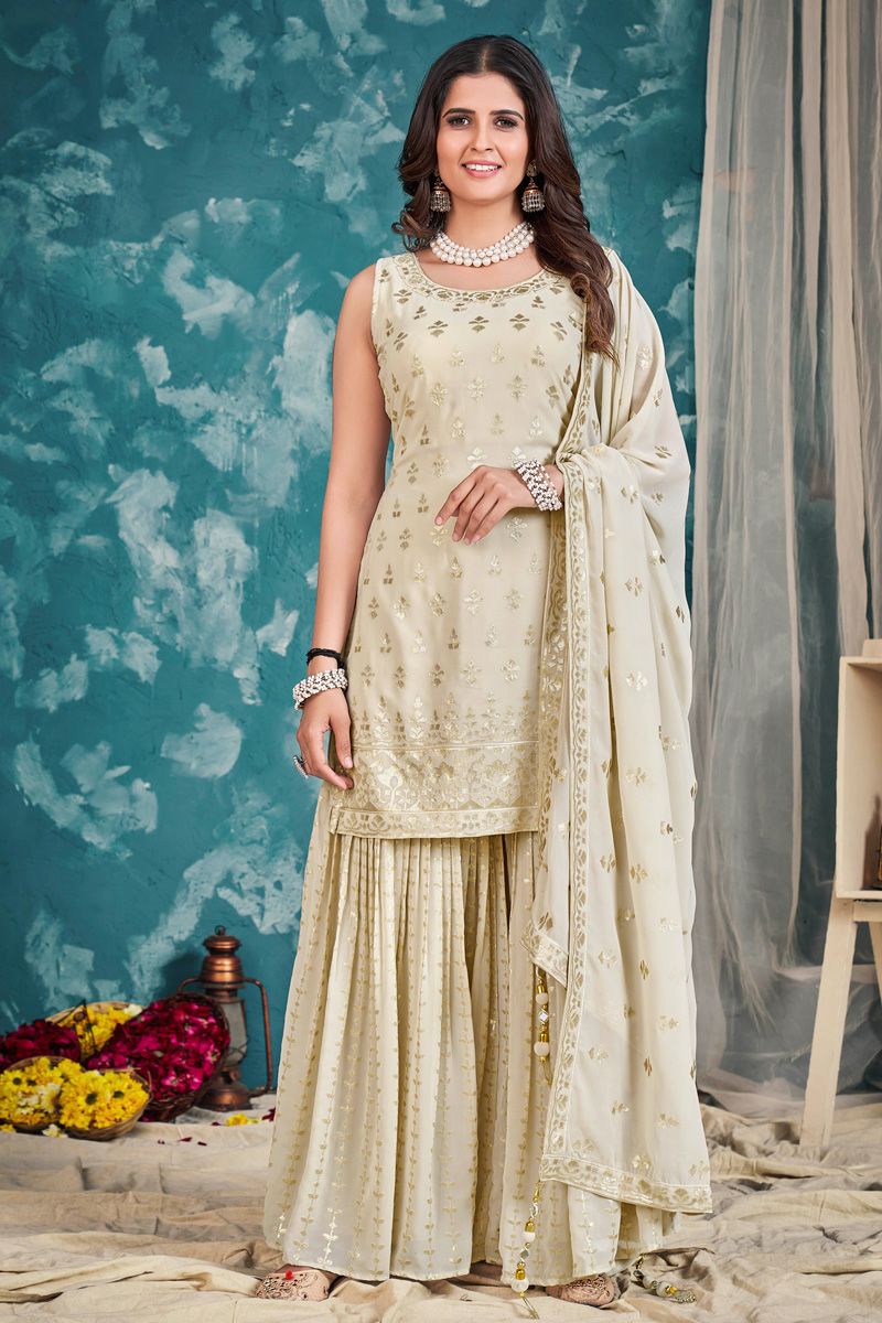 Incredible Georgette Cream Color Sharara Suit