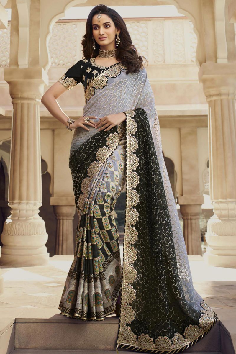 Incredible Lace Zari Work Art Silk Printed Saree In Multi Color