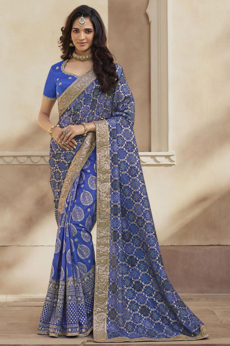 Classic Lace Zari Work On Blue Color Printed Saree In Art Silk Fabric