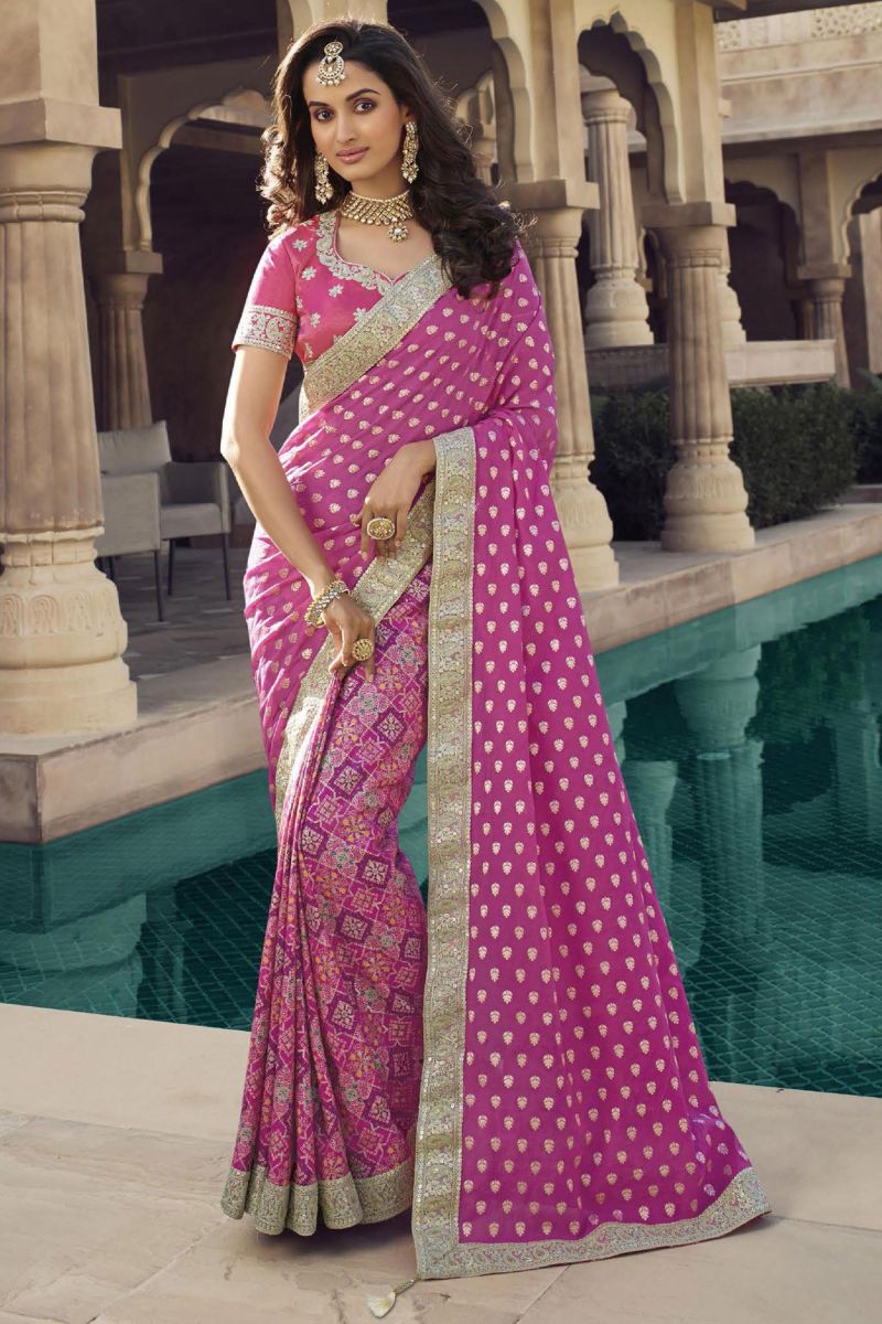 Art Silk Pink Color Printed Saree With Winsome Lace Zari Work