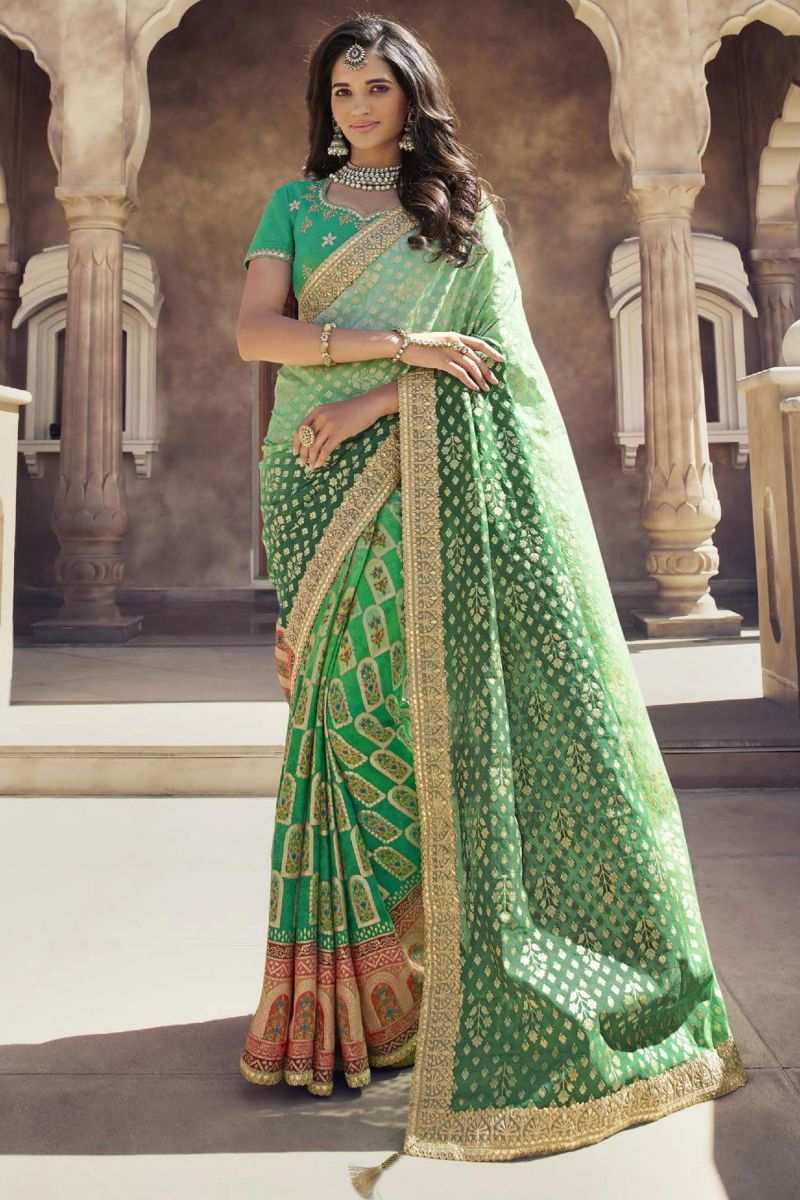 Creative Lace Zari Work On Printed Saree In Green Color Art Silk Fabric