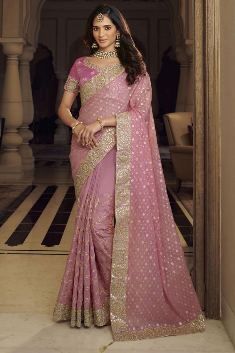 Excellent Art Silk Pink Color Printed Saree With Lace Zari Work 