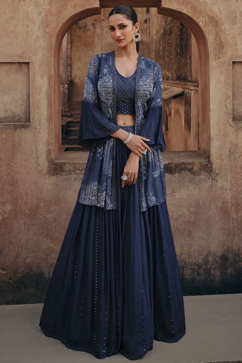 Diksha Singh Readymade Navy Blue Color Chinon Silk Lehenga With Koti 
