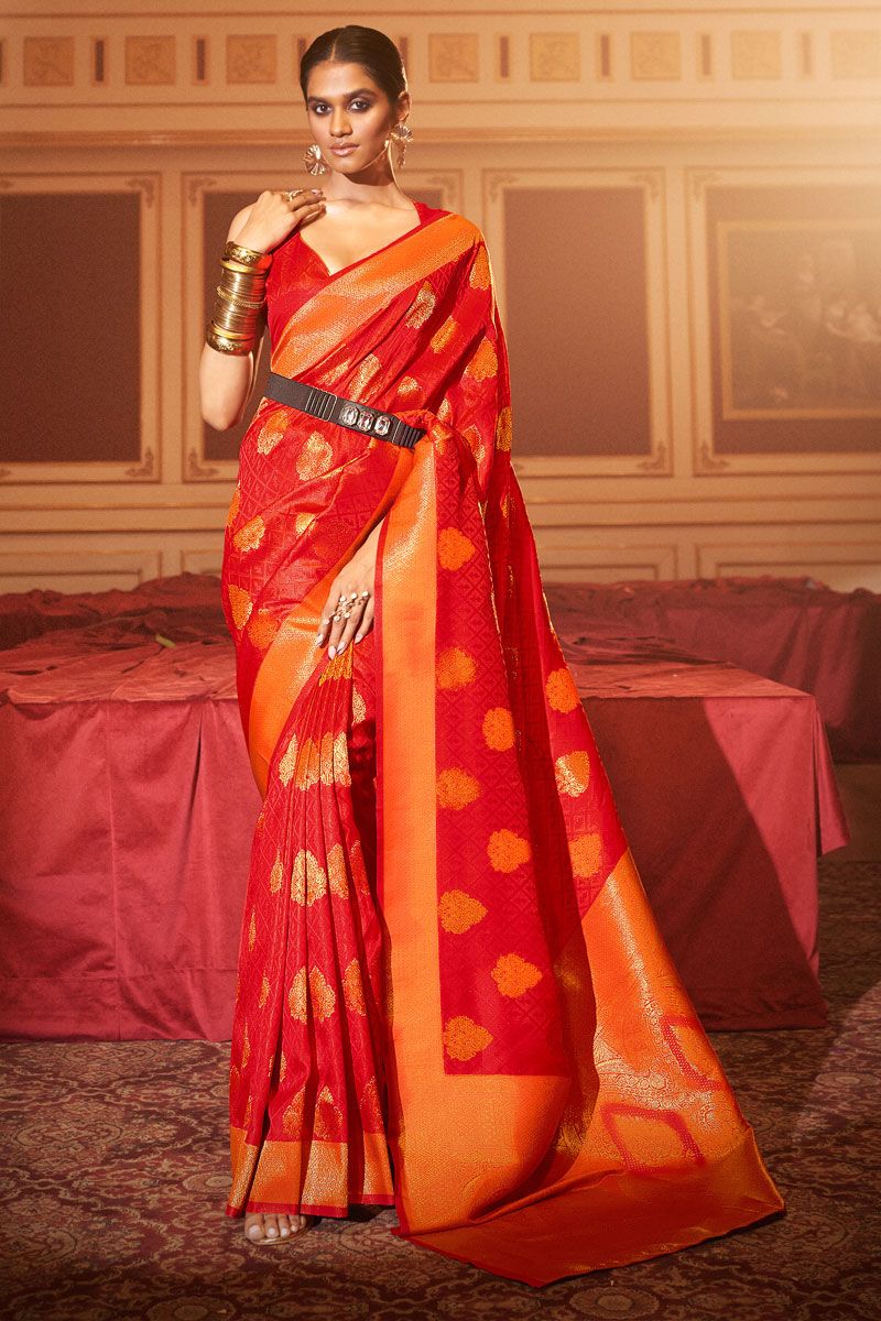 Art Silk Fabric Red Saree With Weaving Work