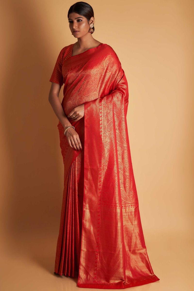 Red Two Tone Kanjivaram Silk Fabric Fancy Weaving Work Sangeet Wear Saree