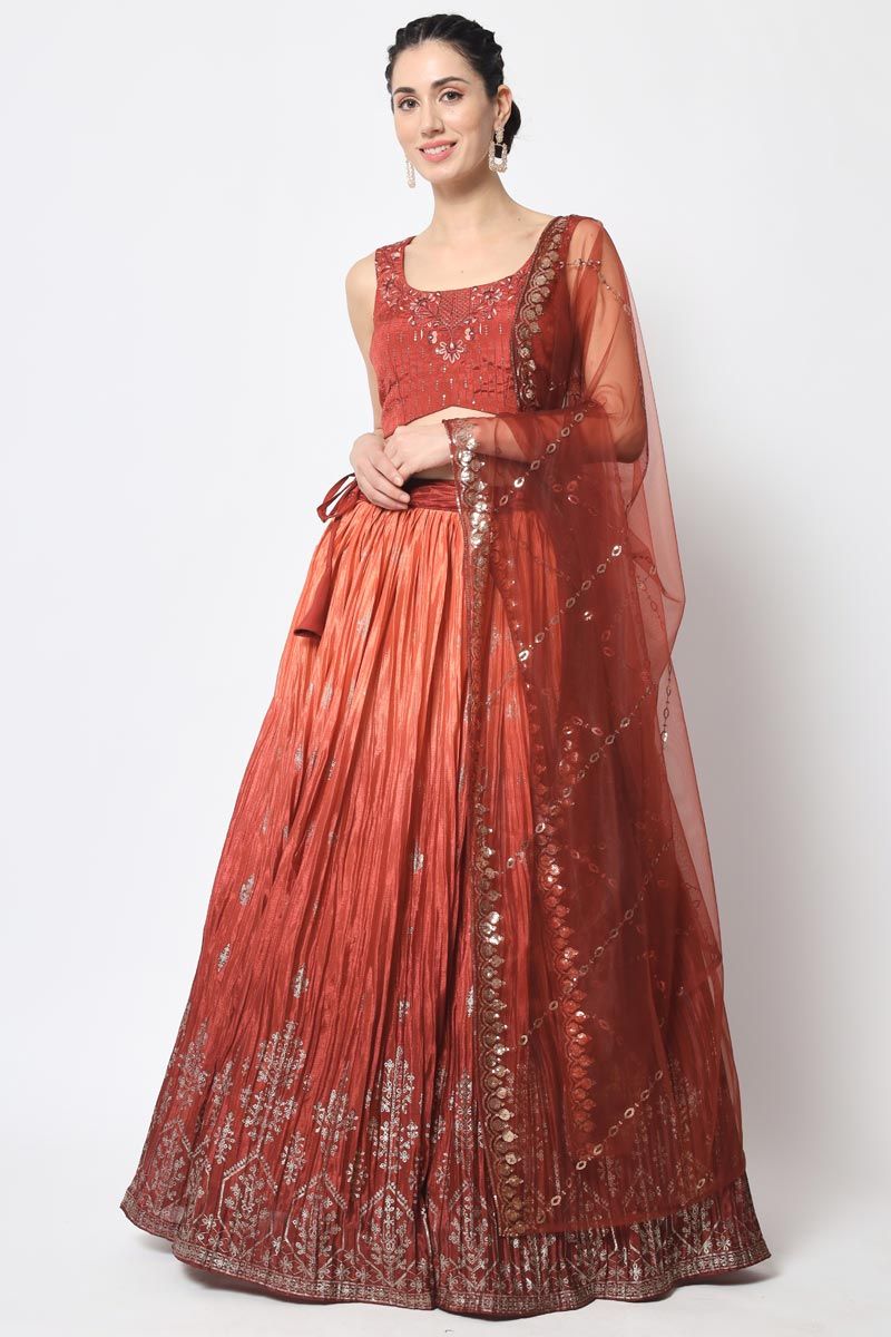 Rust Color Lavish Chinon Foil Printed Lehenga