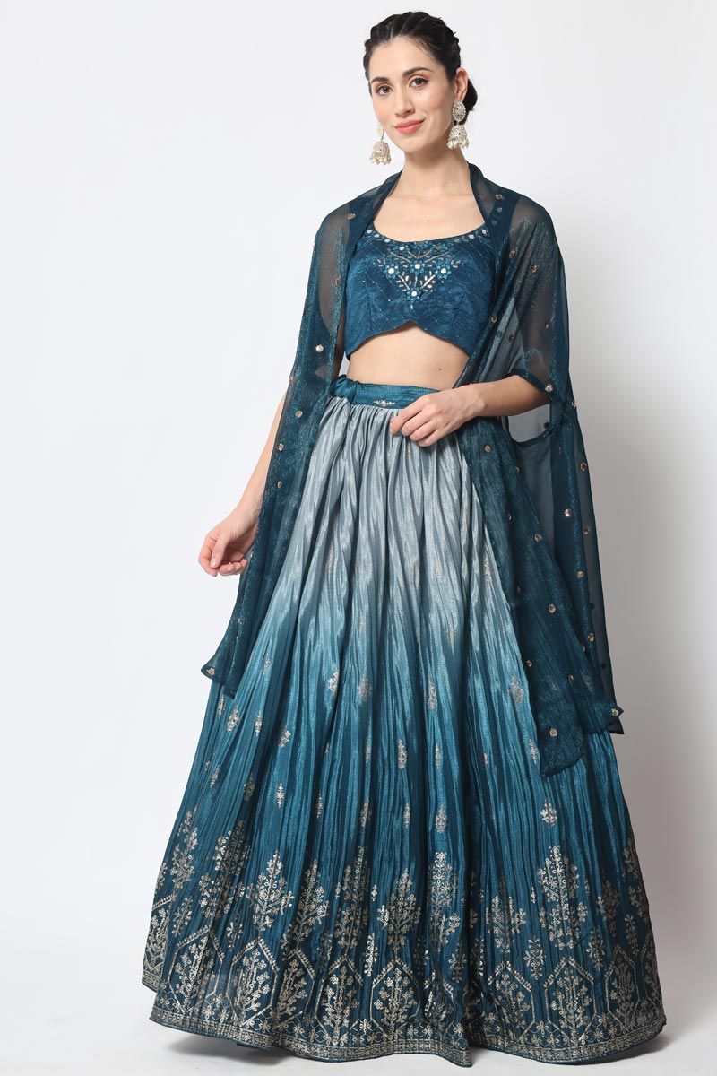 Teal Color Amazing Chinon Foil Printed Lehenga