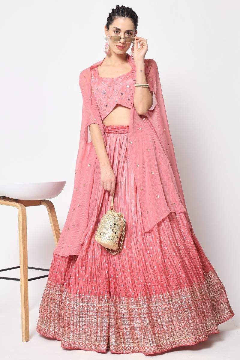 Pink Color Imperial Chinon Foil Printed Lehenga