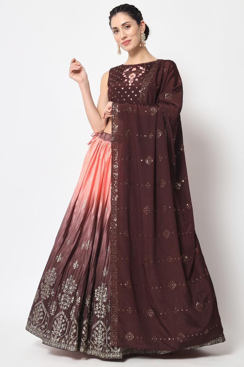 Brown Color Chinon Foil Printed Lehenga