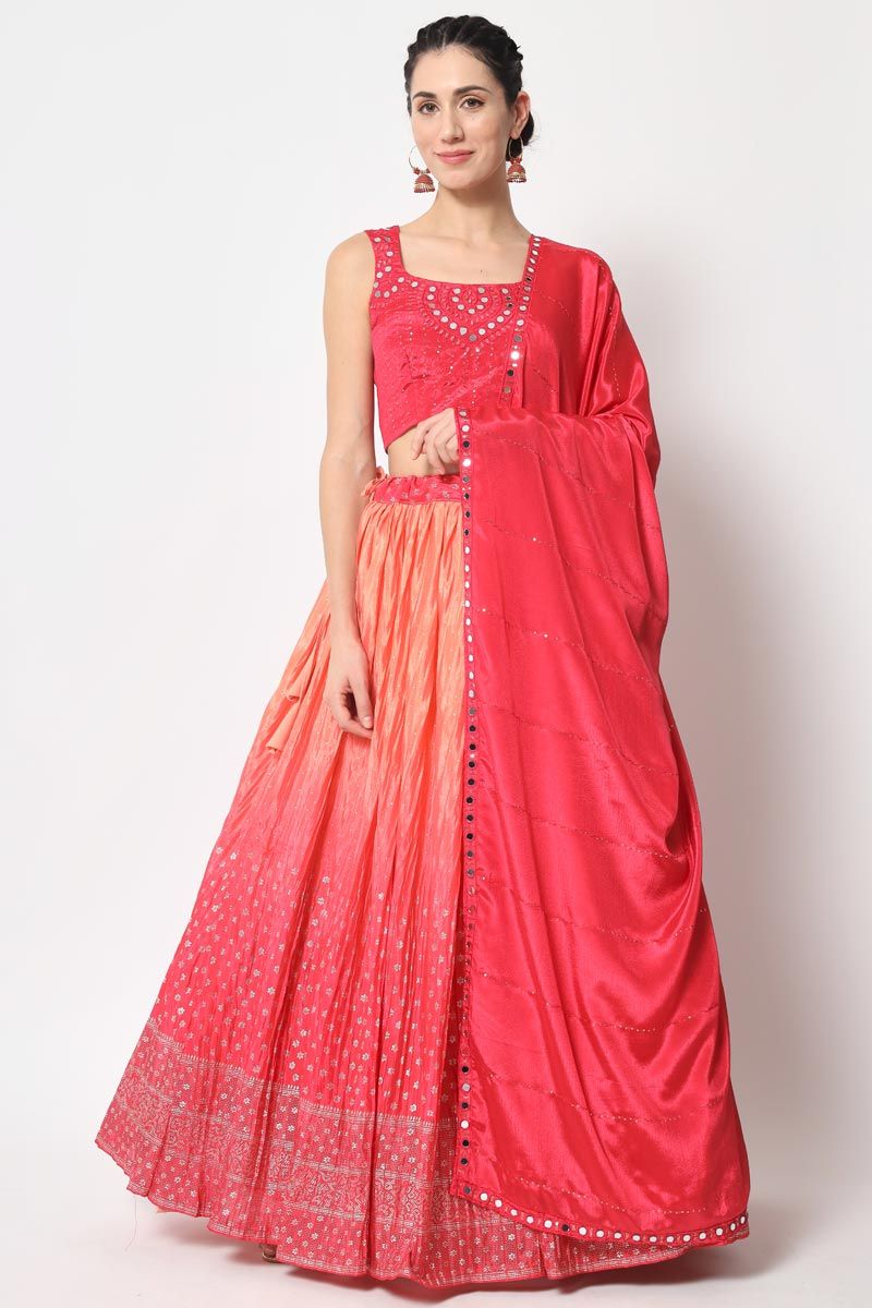 Pink Color Intricate Chinon Foil Printed Lehenga