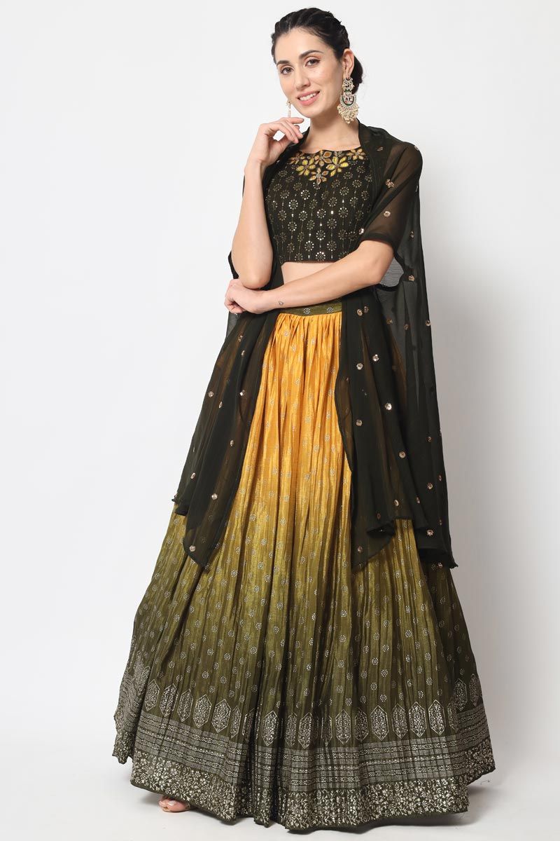 Olive Color Creative Chinon Foil Printed Lehenga