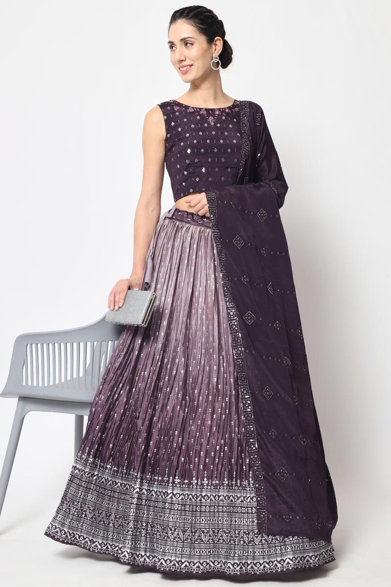 Purple Color Lavish Chinon Foil Printed Lehenga