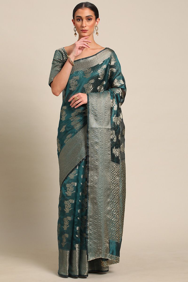 Organza Fabric Soothing Banarasi Weaving Saree In Teal Color