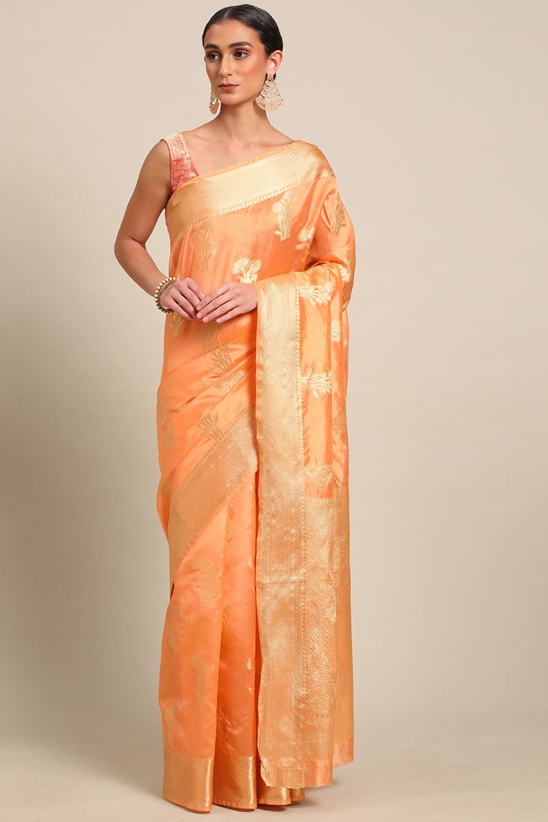 Delicate Organza Fabric Orange Color Banarasi Weaving Saree