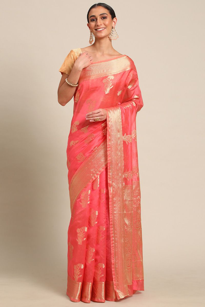 Organza Fabric Pink Color Gorgeous Banarasi Weaving Saree