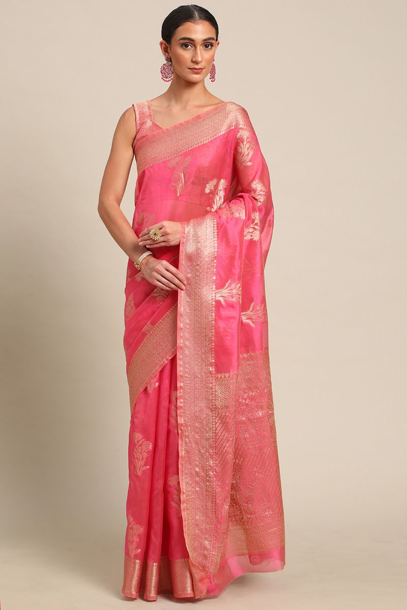 Organza Fabric Pink Color Brilliant Banarasi Weaving Saree