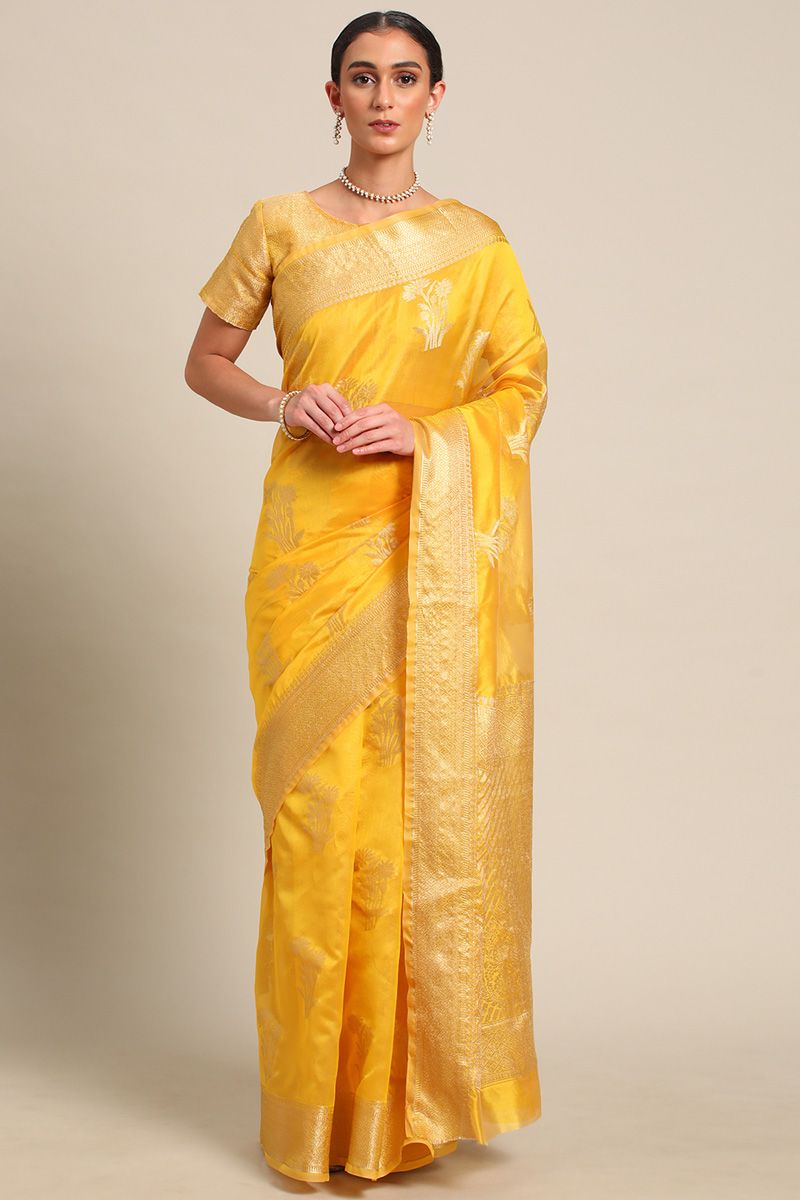 Organza Fabric Imposing Banarasi Weaving Saree In Yellow Color