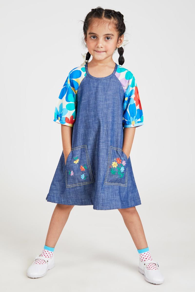 Blue A Line Dress With Floral Print And Embroidered Pockets