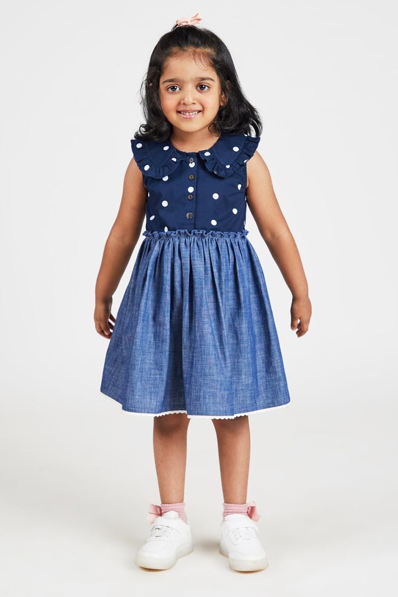 Blue Fit And Flare Denim Dress With Polka Print