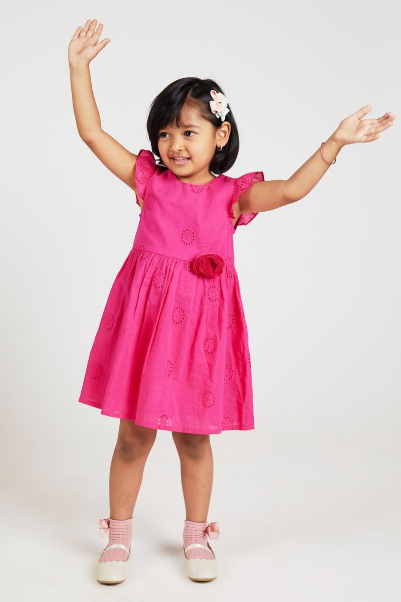 Pink Fit And Flare Cotton Dress With All Over Schiffli Embroidery