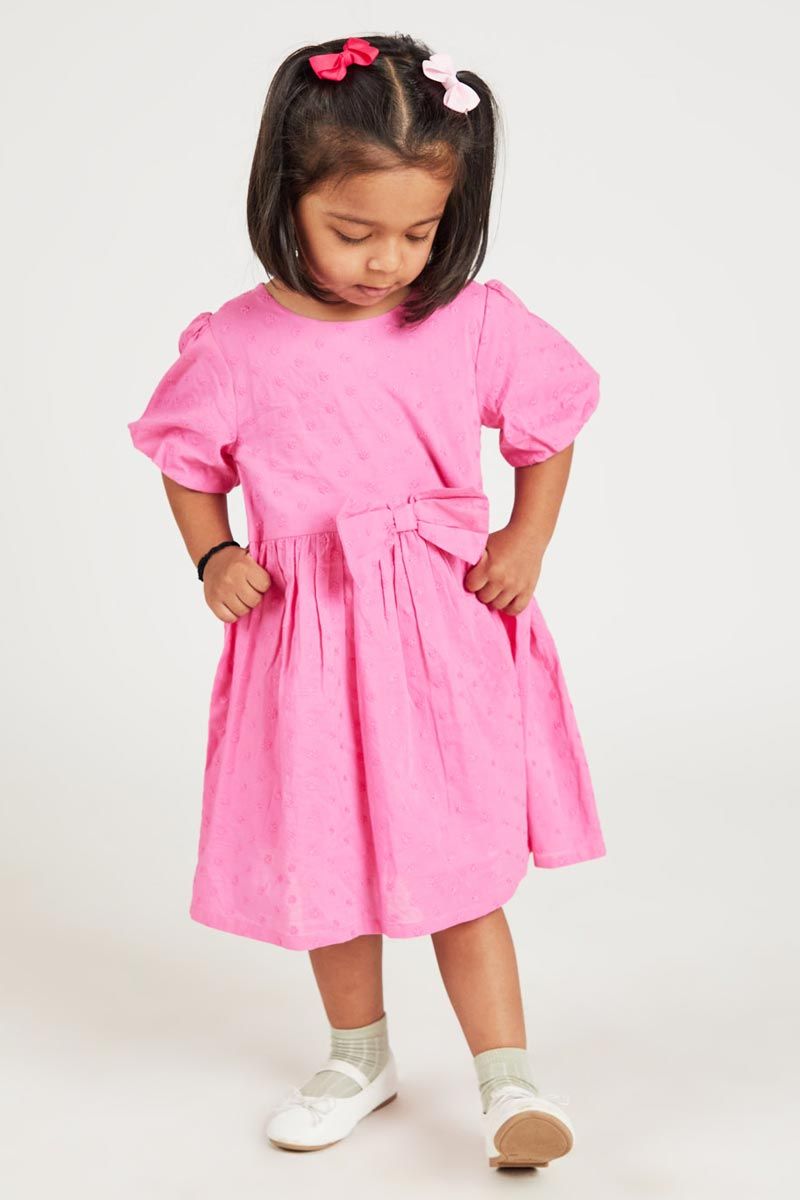 Pink Fit And Flare Cotton Dress With Allover Schiffli Embroidery