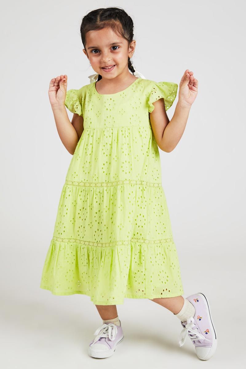 Light Green Fit And Flare Cotton Dress With Allover Schiffli Embroidery
