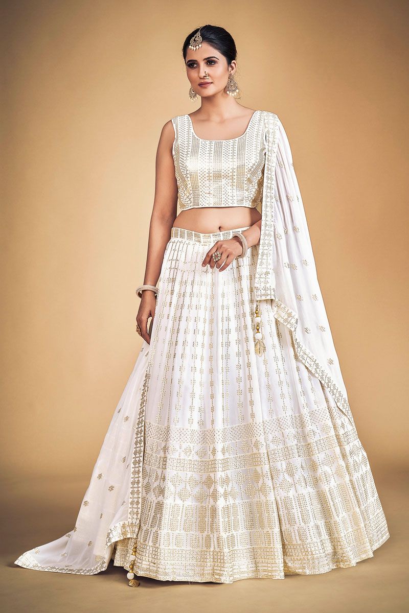 Georgette Fabric White Sangeet Wear Readynade Lehenga Choli